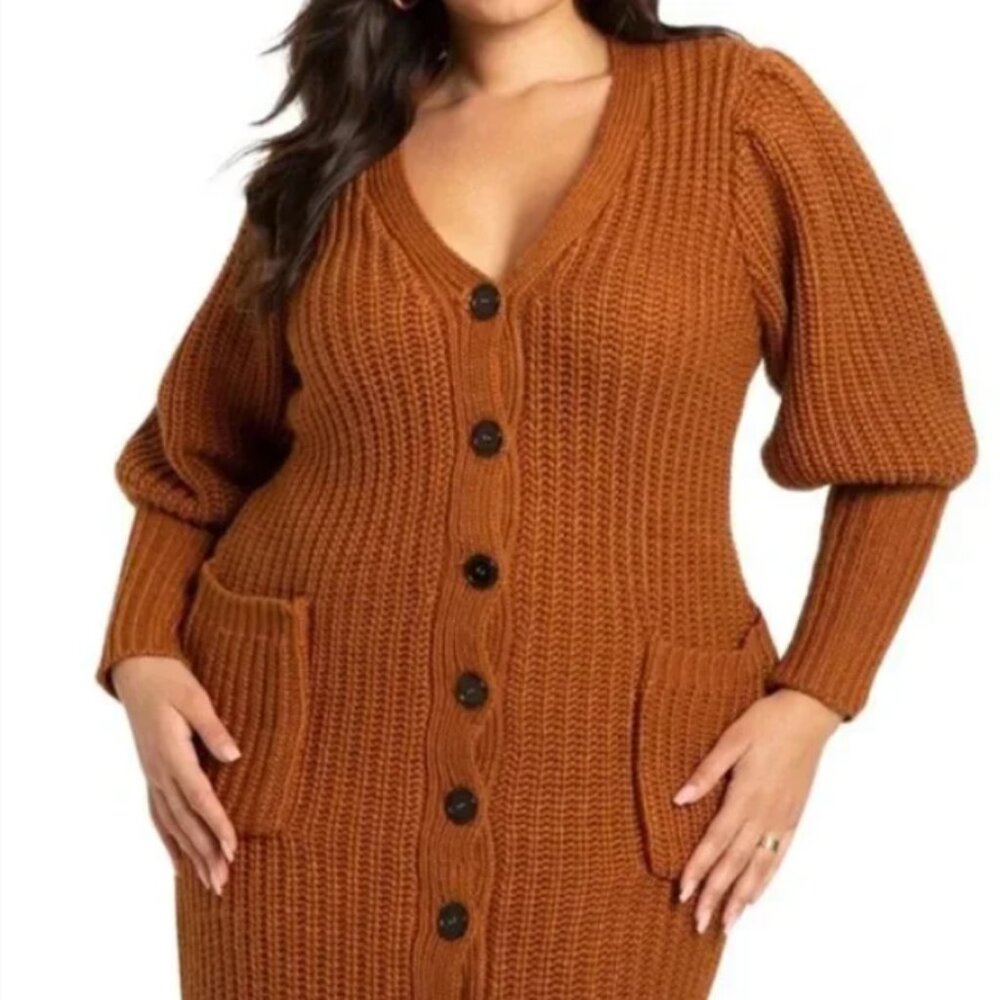 Eloquii Brown Puff Sleeve Cardigan Sweater Dress Size 14/16